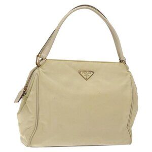 PRADA Hand Bag Nylon Leather Beige Gold Auth 129935